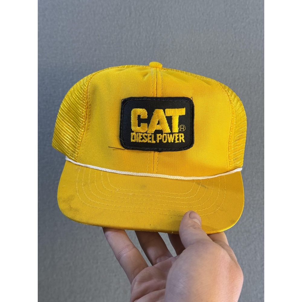 Vintage CAT Diesel Power Hat Cap Snap Back Mens One Size Yellow Mesh Trucker 80s